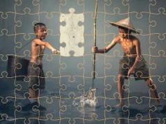 Joc Children Fishing Teamwork Jigsaw en línia